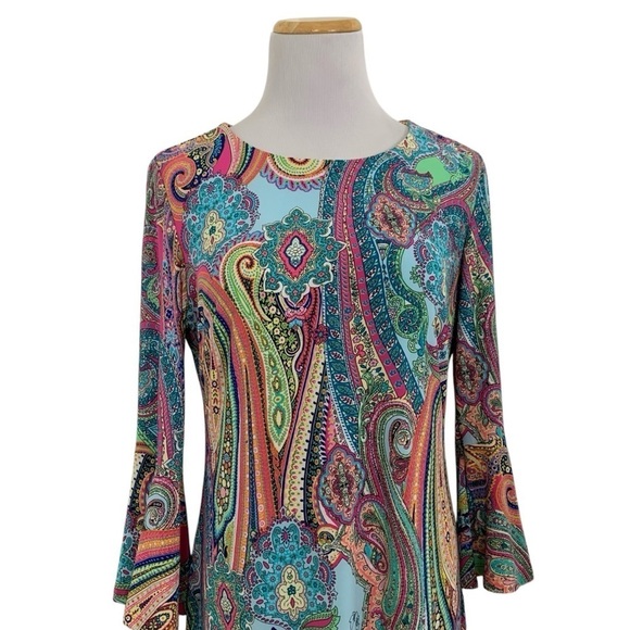 Tommy Hilfiger Paisley Bell Sleeve Shift Dress Women’s 8 Colorful Knee Length - Picture 1 of 17